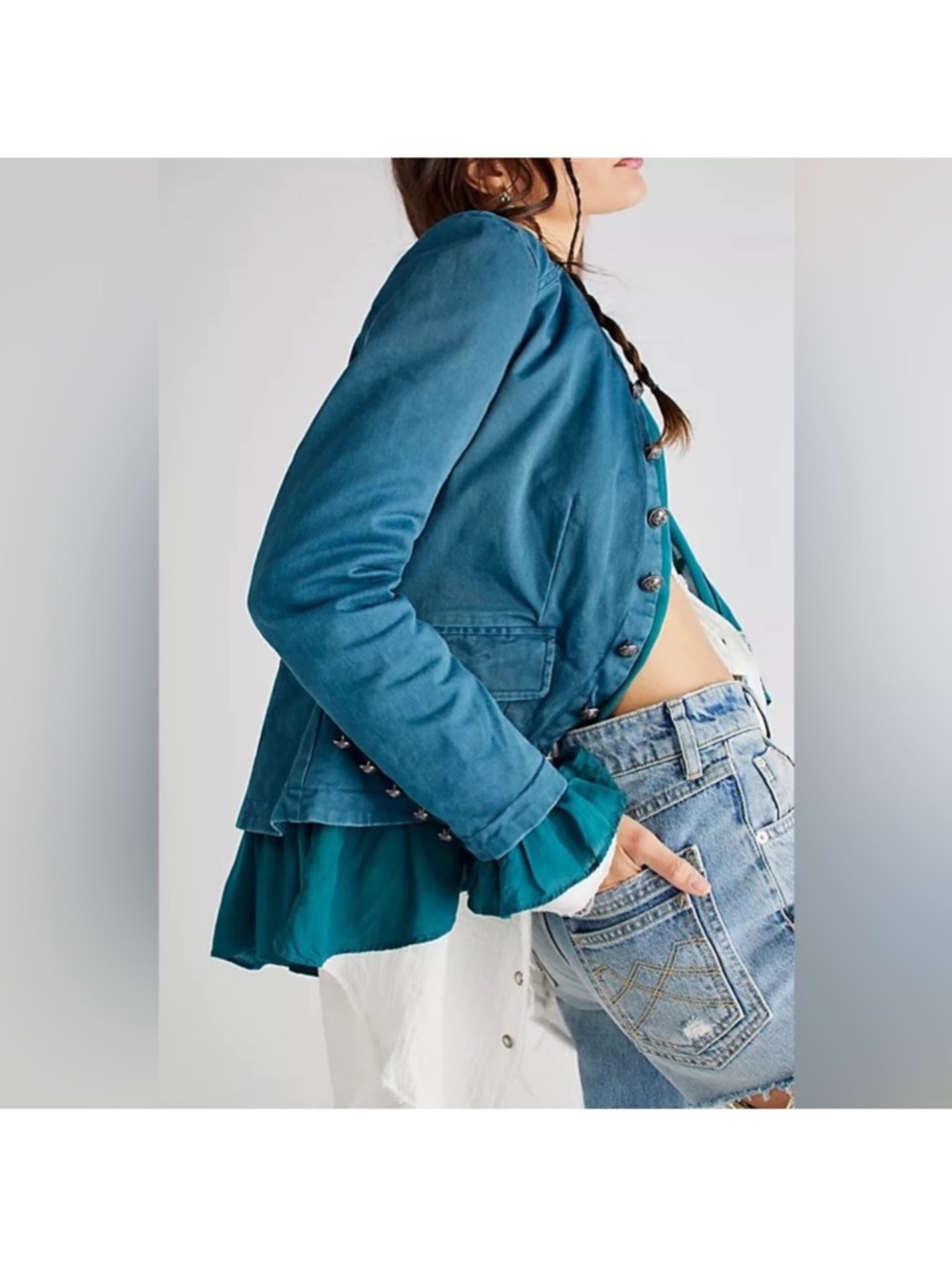Free People Romance Ruffle Blazer Jacket in Teal Jewel- Size L